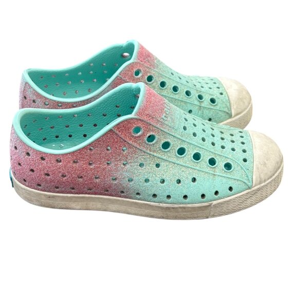 Native Kids Jefferson Glitter Slip-On Shoes C10 Aqua & Pink EVA Lightweight - Picture 2 of 7